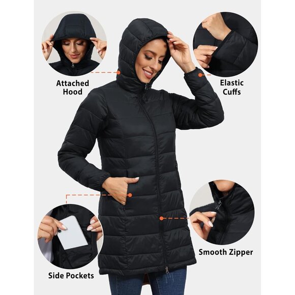 🆕 Women Black Long Quilted Puffer Coat Packable Lightweight Pockets Jacket Hood - Picture 5 of 9